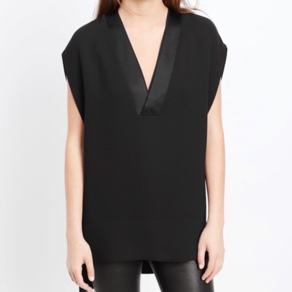 Vince Satin Trim Double V-Neck Blouse in Black
